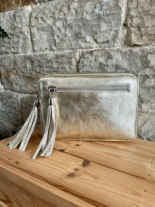 NIKKI - Metallic Leather Cross Body 'Camera' Bag with Tassels - Various Colours