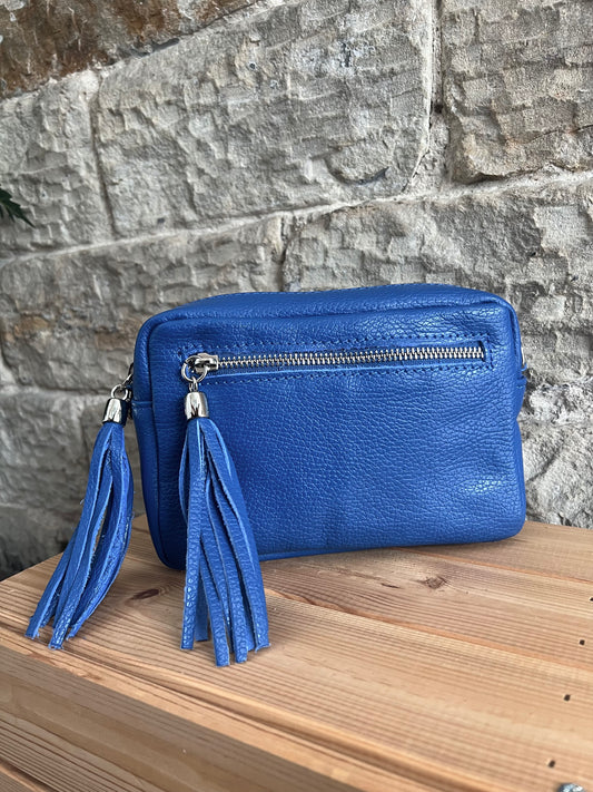 NIKKI - Leather Cross Body 'Camera' Bag with Tassels - Royal Blue