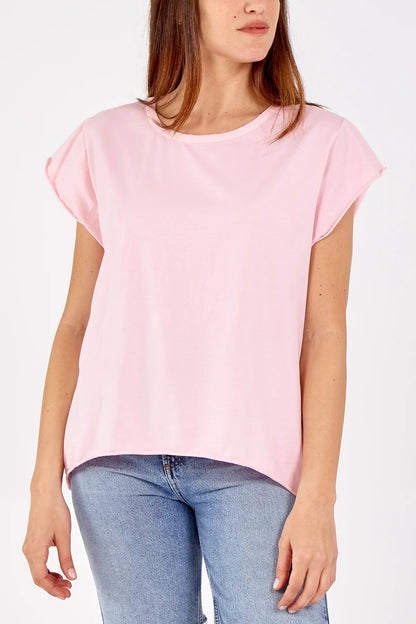 ROXY - Rolled Edge Hi Low Cotton T-Shirt - One Size - Various Colours