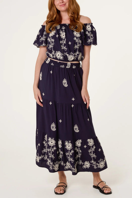 SABRINA - Navy Embroidered Co-ord - Bardot Top & Skirt - 3 Sizes