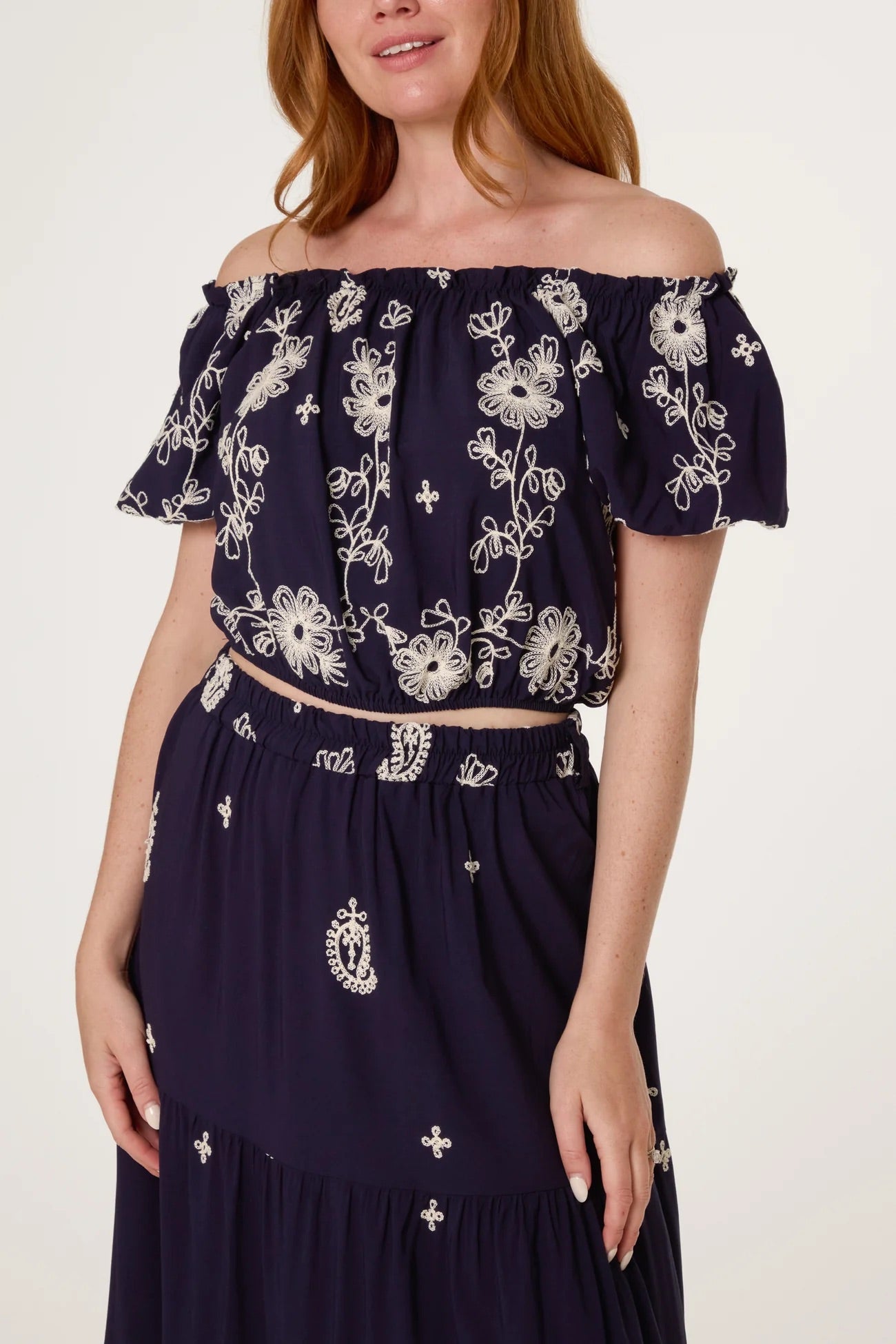SABRINA - Navy Embroidered Co-ord - Bardot Top & Skirt - 3 Sizes