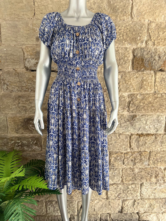 VERONA - Bardot Style Midi Dress - Blue Small Baroque Print - One Size Fits 8-20