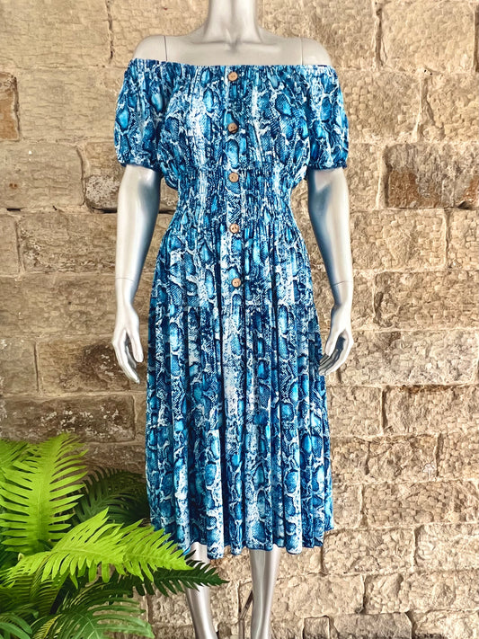VERONA - Bardot Style Midi Dress - Blue Snake Print - One Size Fits 8-20