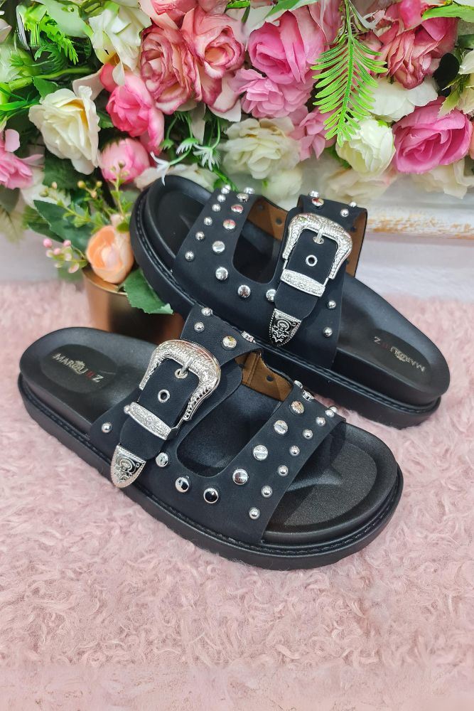 STEVIE - Rivet Buckle Sliders - Black - Sizes UK 3-8