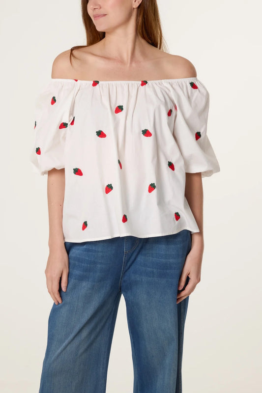 STRAWBERRY - Cotton Bardot Top - 2 Sizes