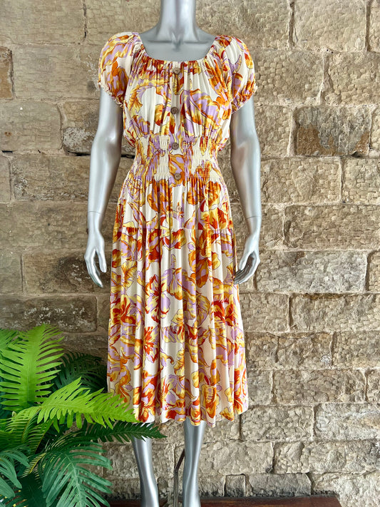 VERONA - Bardot Style Midi Dress - Summer Print - One Size Fits 8-20