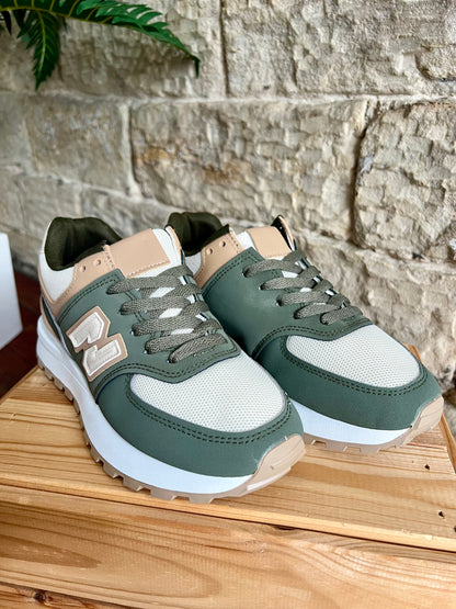 TONI - Two Tone Running Style Trainers - Khaki Green & Beige - Sizes 3-8