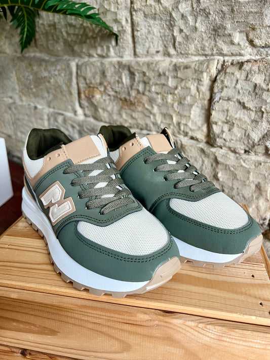 TONI - Two Tone Running Style Trainers - Khaki Green & Beige - Sizes 3-8