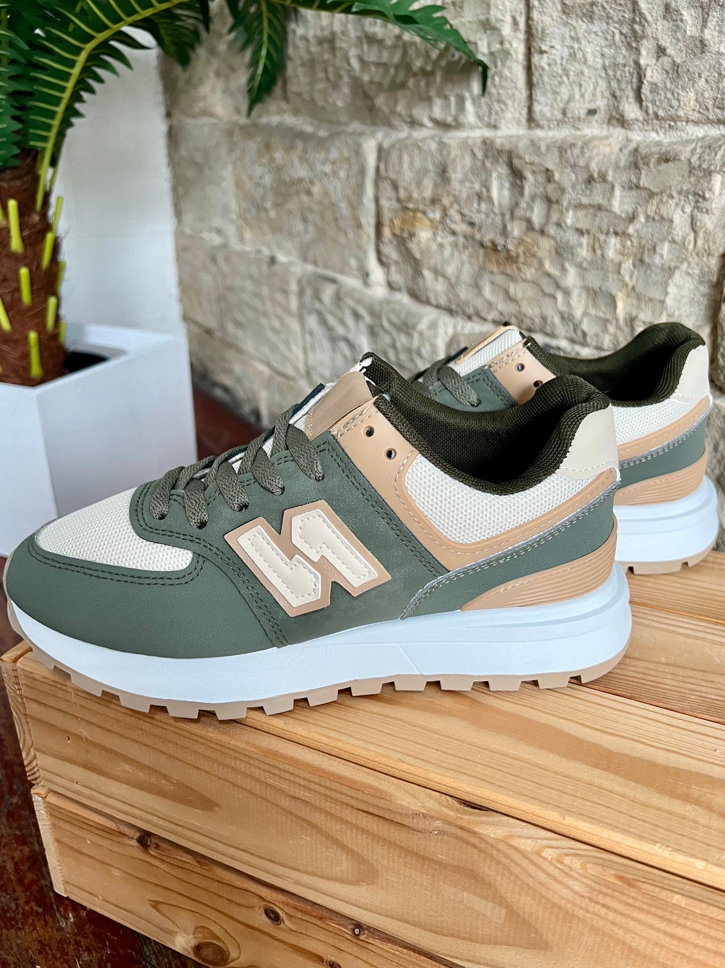 TONI - Two Tone Running Style Trainers - Khaki Green & Beige - Sizes 3-8