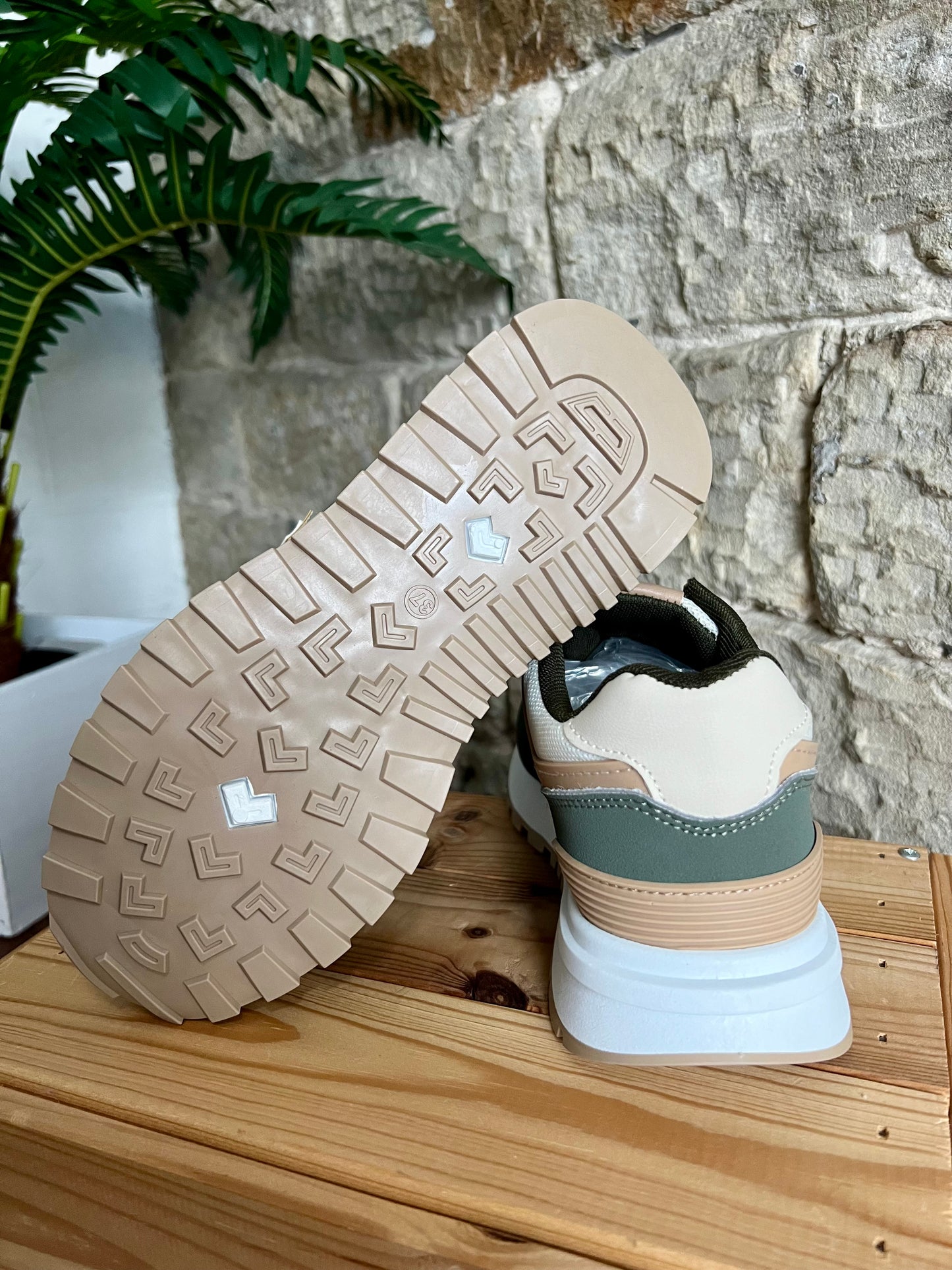 TONI - Two Tone Running Style Trainers - Khaki Green & Beige - Sizes 3-8