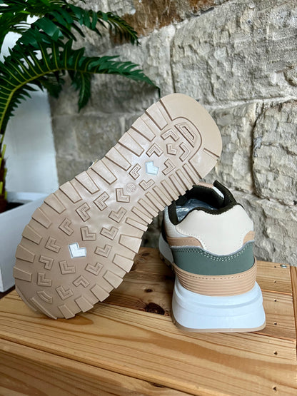 TONI - Two Tone Running Style Trainers - Khaki Green & Beige - Sizes 3-8