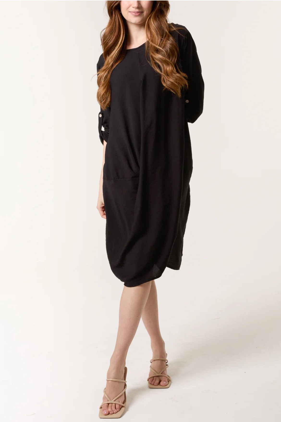 TYRA - Twist Front 3/4 Sleeve Dress with Pockets - Various Colours - One Size
