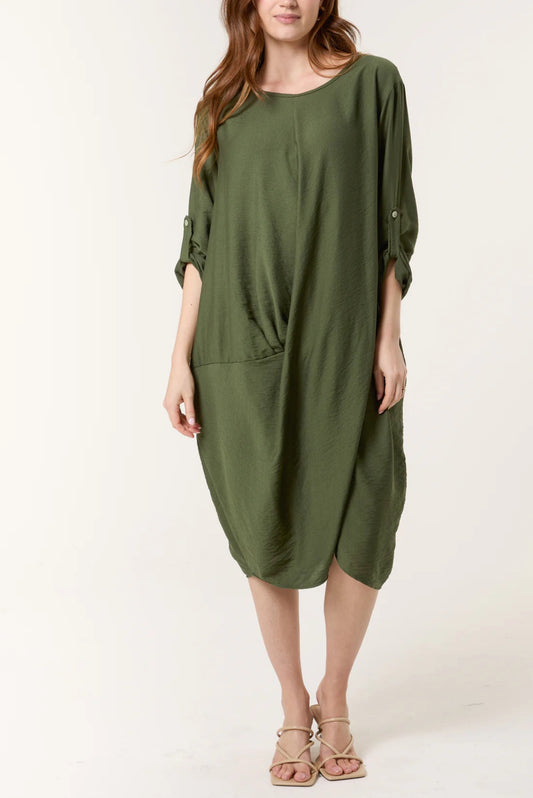 TYRA - Twist Front 3/4 Sleeve Dress with Pockets - Various Colours - One Size