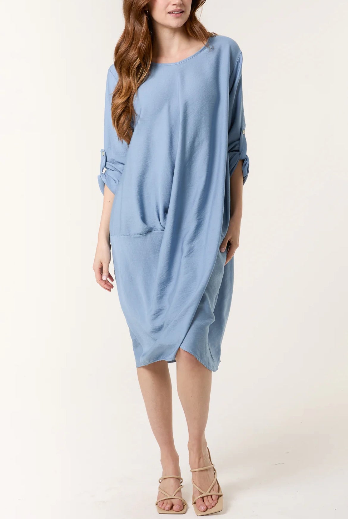 TYRA - Twist Front 3/4 Sleeve Dress with Pockets - Various Colours - One Size