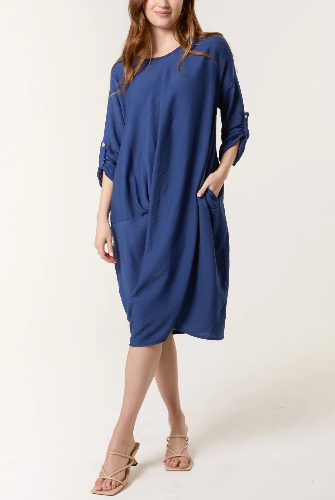 TYRA - Twist Front 3/4 Sleeve Dress with Pockets - Various Colours - One Size