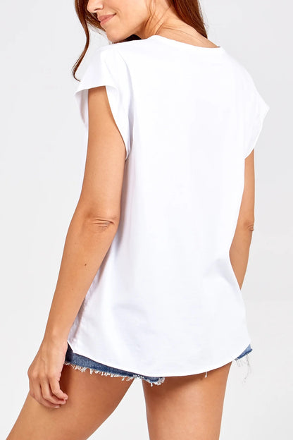 ROXY - Rolled Edge Hi Low Cotton T-Shirt - One Size - Various Colours