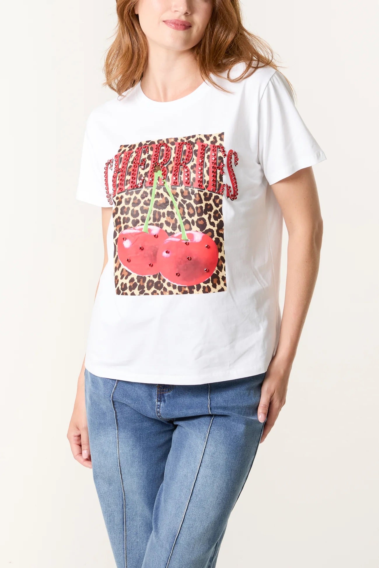 CHERRIES - Chunky Diamante Cherry & Leopard T-Shirt - 2 Colours - 2 Sizes