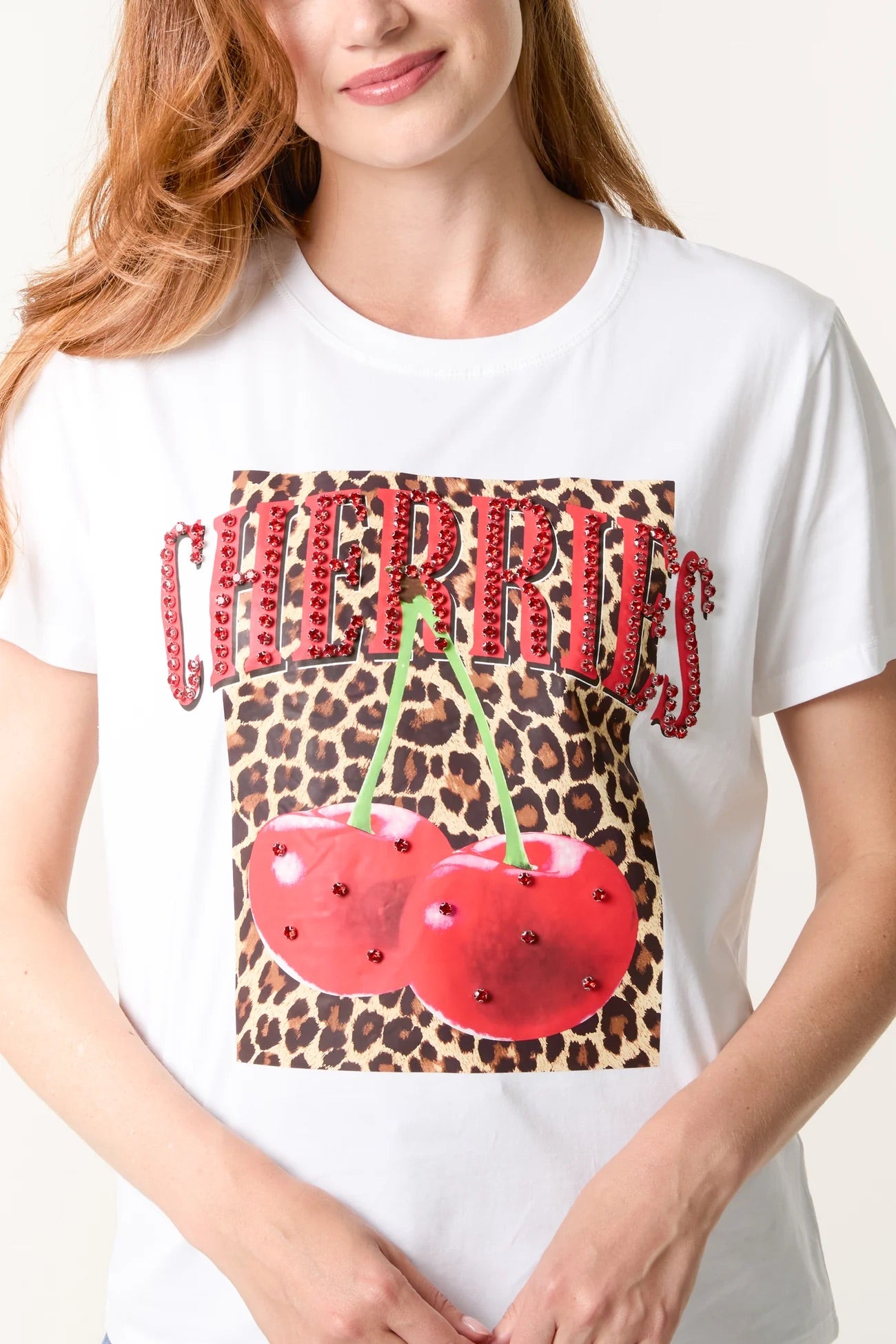 CHERRIES - Chunky Diamante Cherry & Leopard T-Shirt - 2 Colours - 2 Sizes
