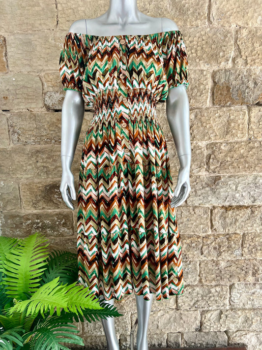 VERONA - Bardot Style Midi Dress - Brown & Green Zig Zag - One Size Fits 8-20